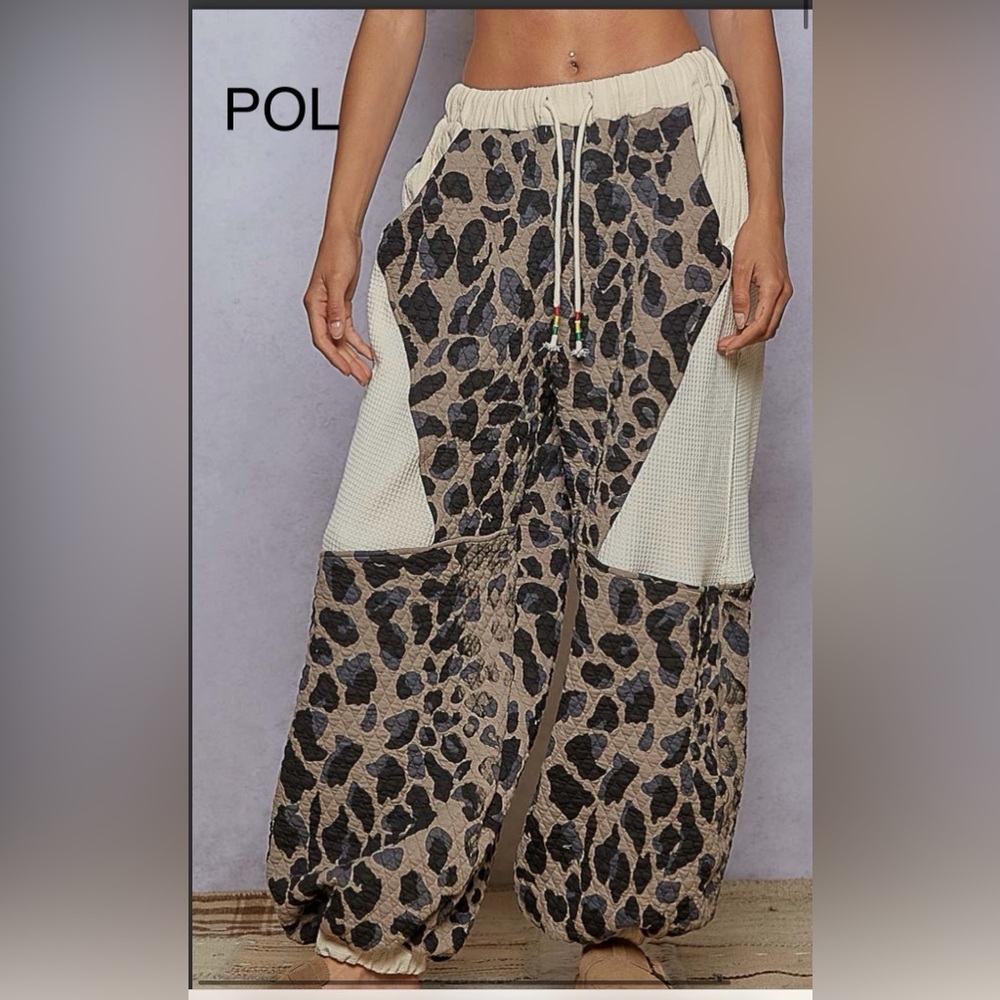 BPB218-3🤎🖤POL perfection in black+brown+cream Leopard Lounge+quilted Pants-sassy